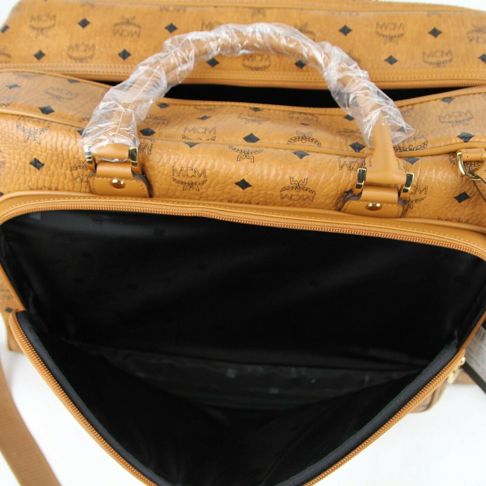 MCM Cognac Brown Visetos Coated Canvas Boston Duffel Bag