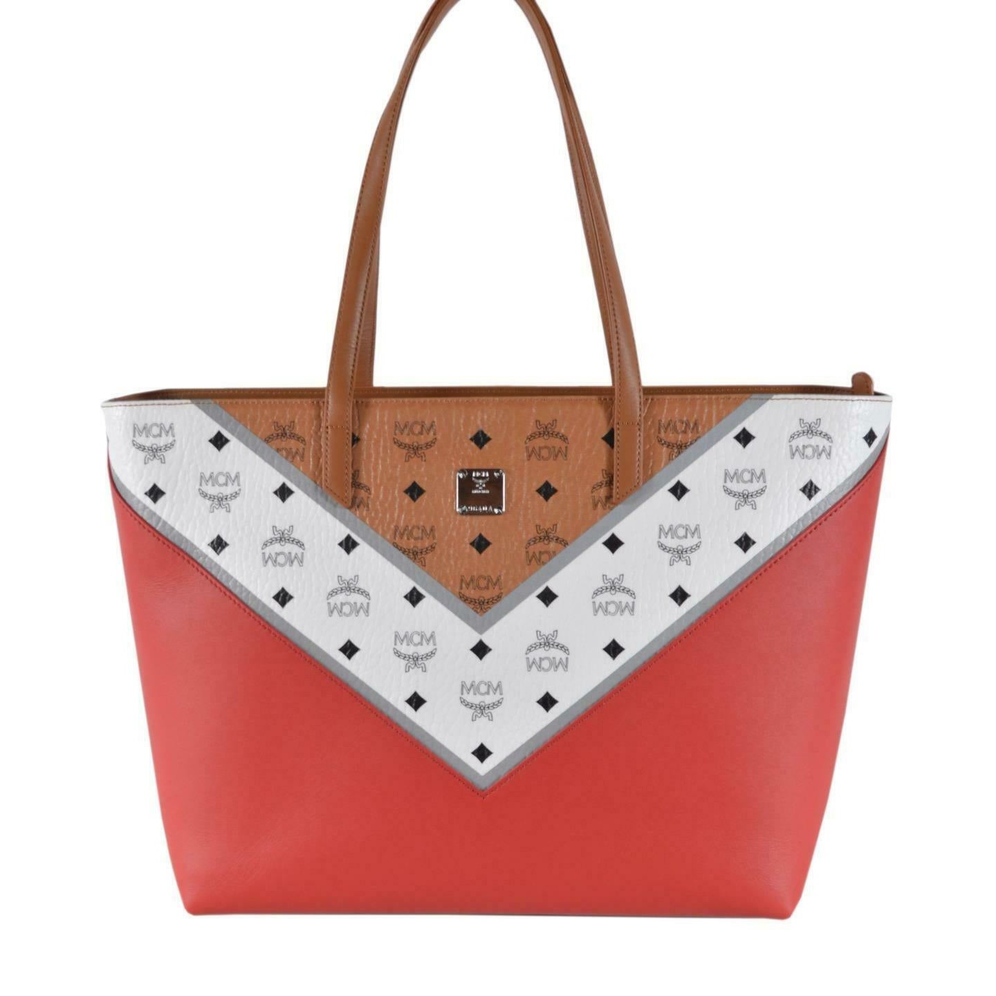 MCM Cognac Red Chevron Colorblock Visetos Medium ANYA Zip Purse Tote