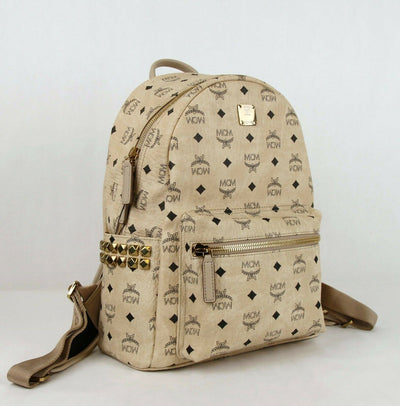 MCM Beige Coated Canvas Medium Studded Backpack