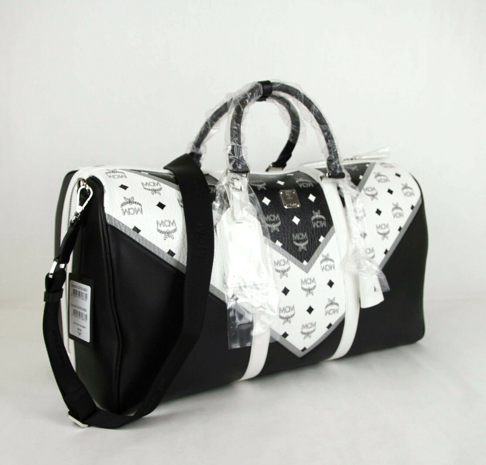 MCM M Move Black/White Coated Canvas Leather Travel Bag