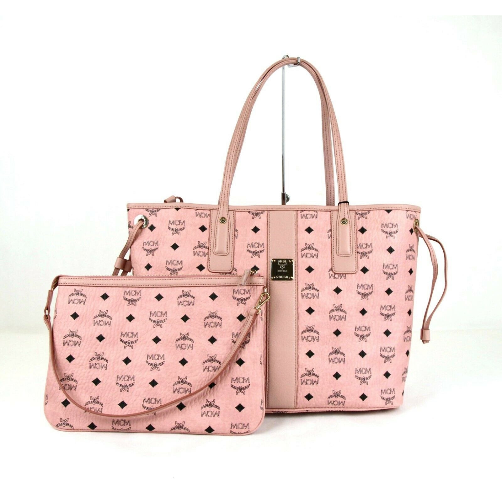 MCM Medium Liz Soft Pink Reversible Diamond Visetos Tote with Pouch