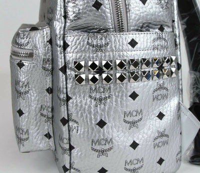 MCM Medium 40 Silver Coated Canvas Studded Backpack