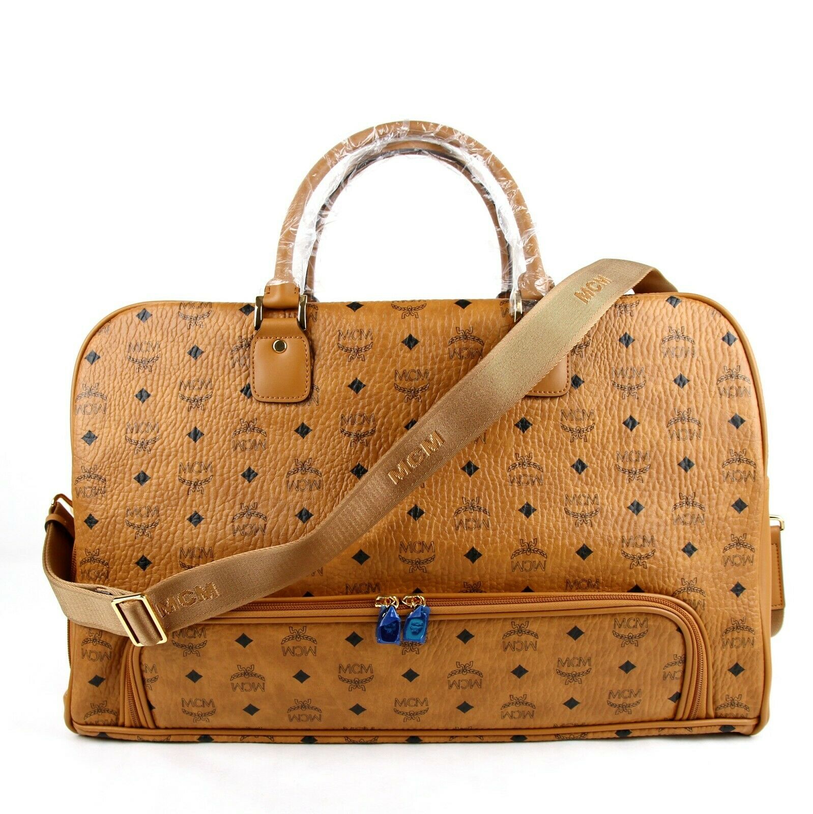 MCM Cognac Brown Visetos Coated Canvas Boston Duffel Bag