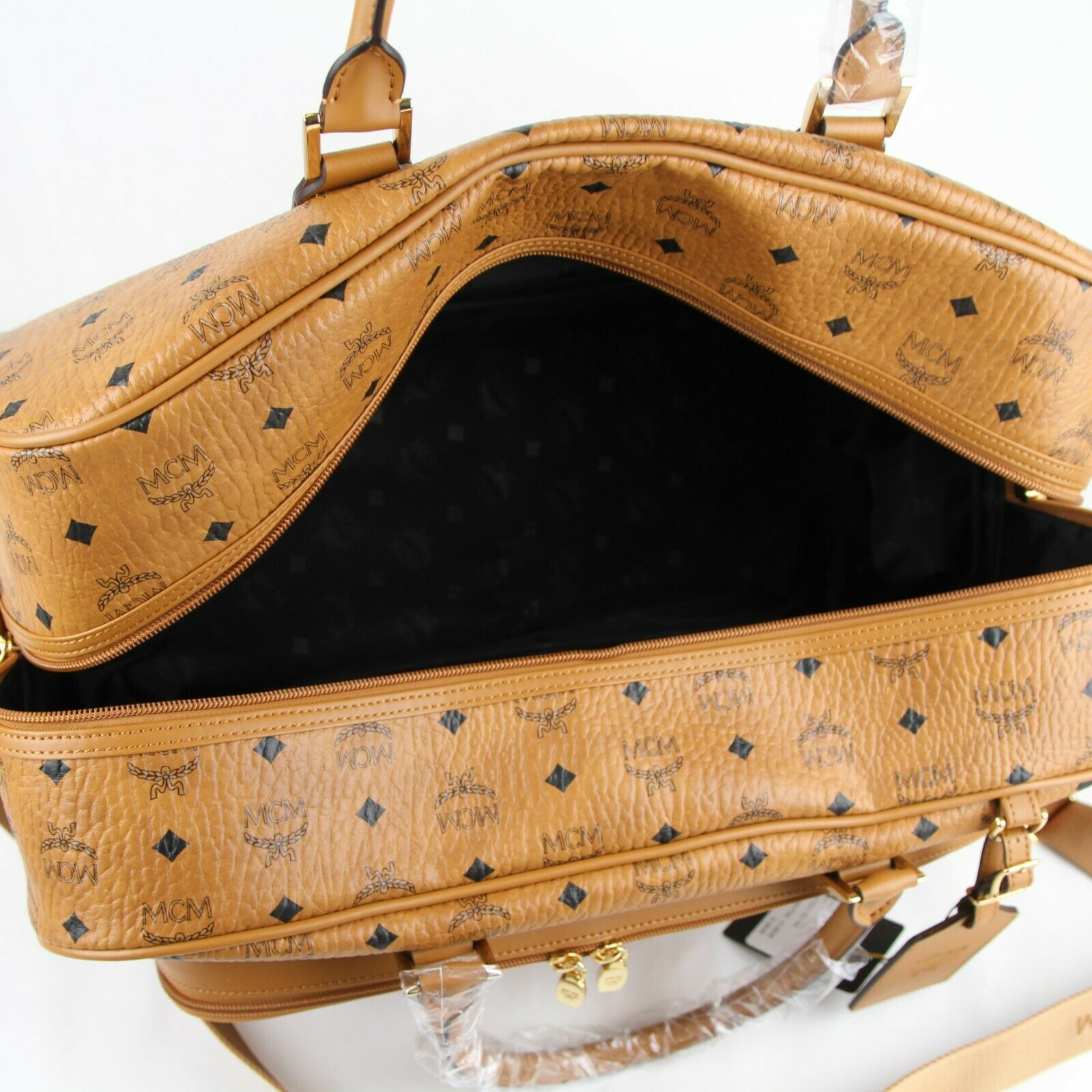 MCM Cognac Brown Visetos Coated Canvas Boston Duffel Bag