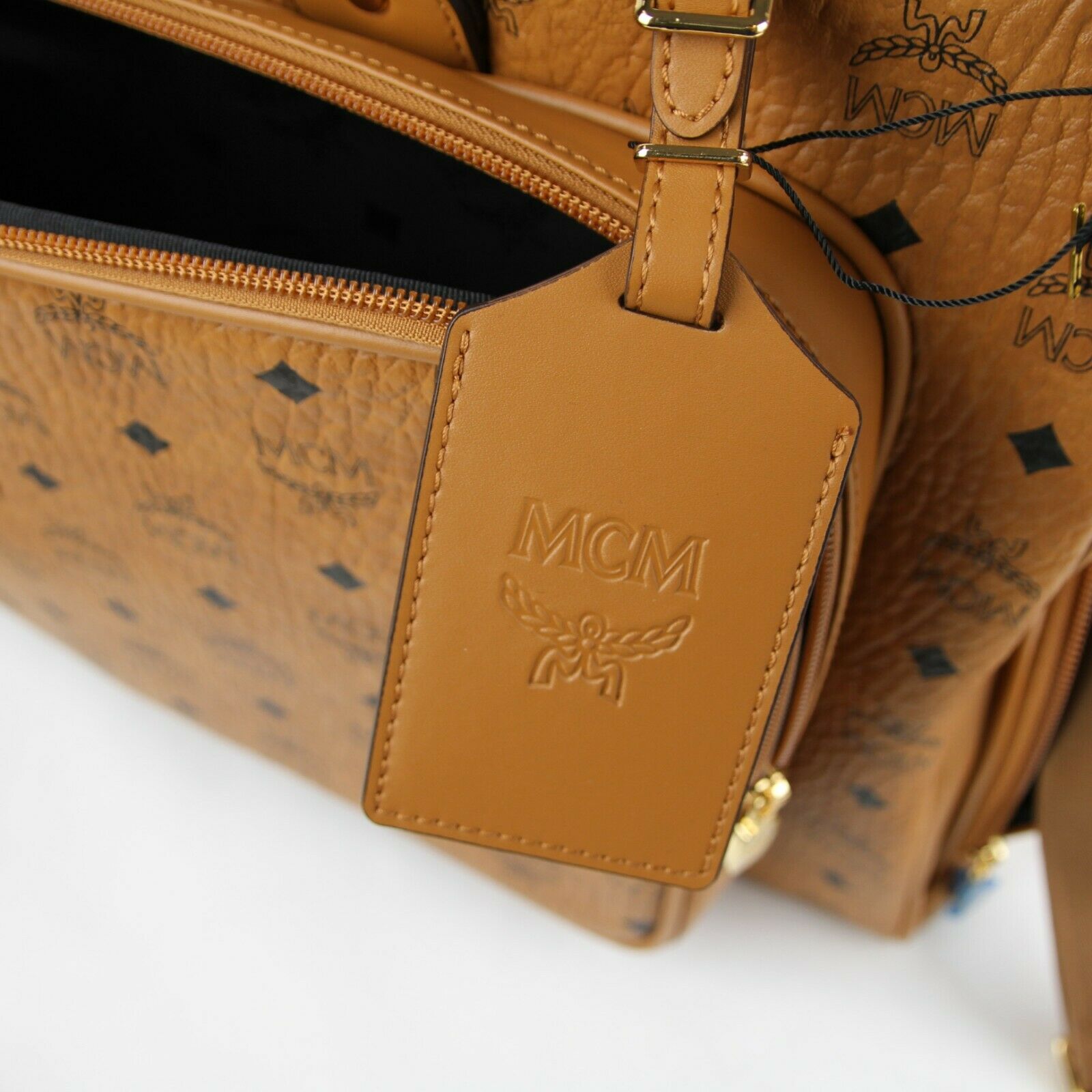 MCM Cognac Brown Visetos Coated Canvas Boston Duffel Bag