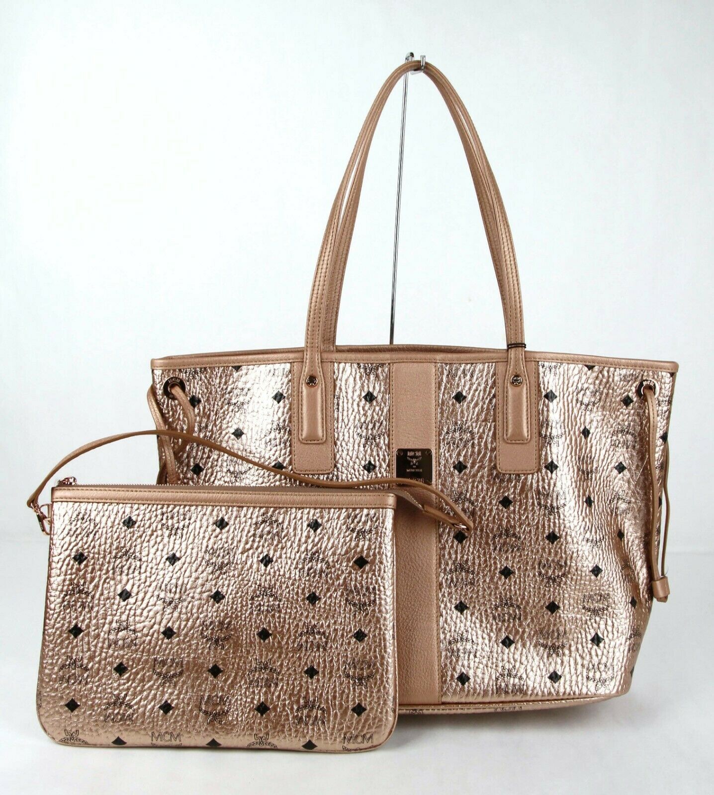 MCM Medium Liz Reversible Diamond Visetos Metallic Champagne Gold Tote with Pouch