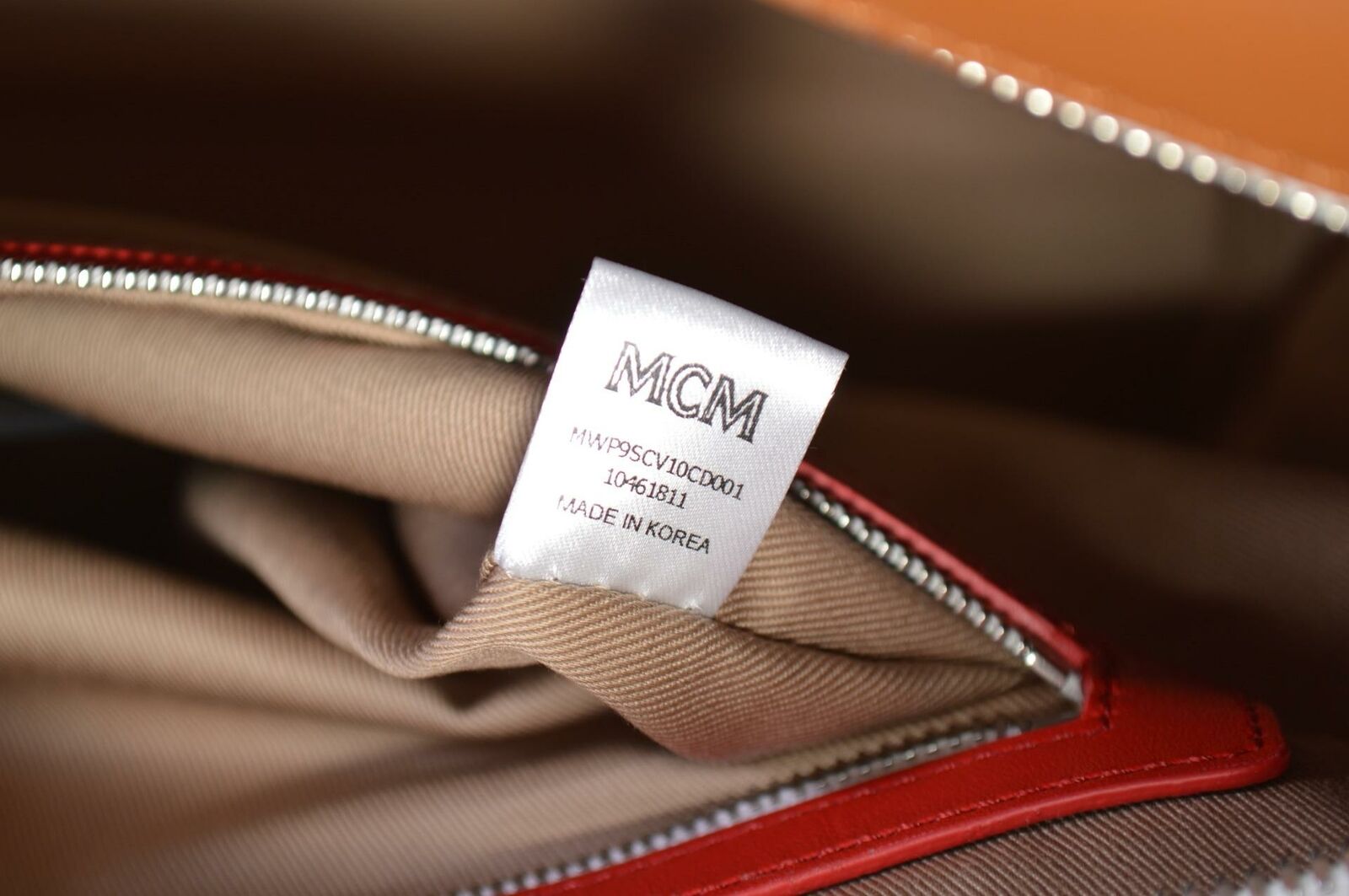 MCM Cognac Red Chevron Colorblock Visetos Medium ANYA Zip Purse Tote