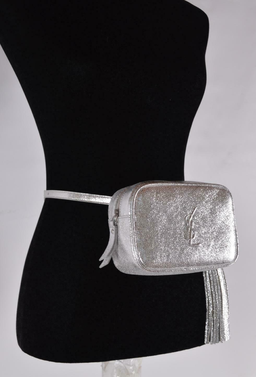 Saint Laurent YSL Silver Leather LOU Belt Bag Fanny Pack Purse