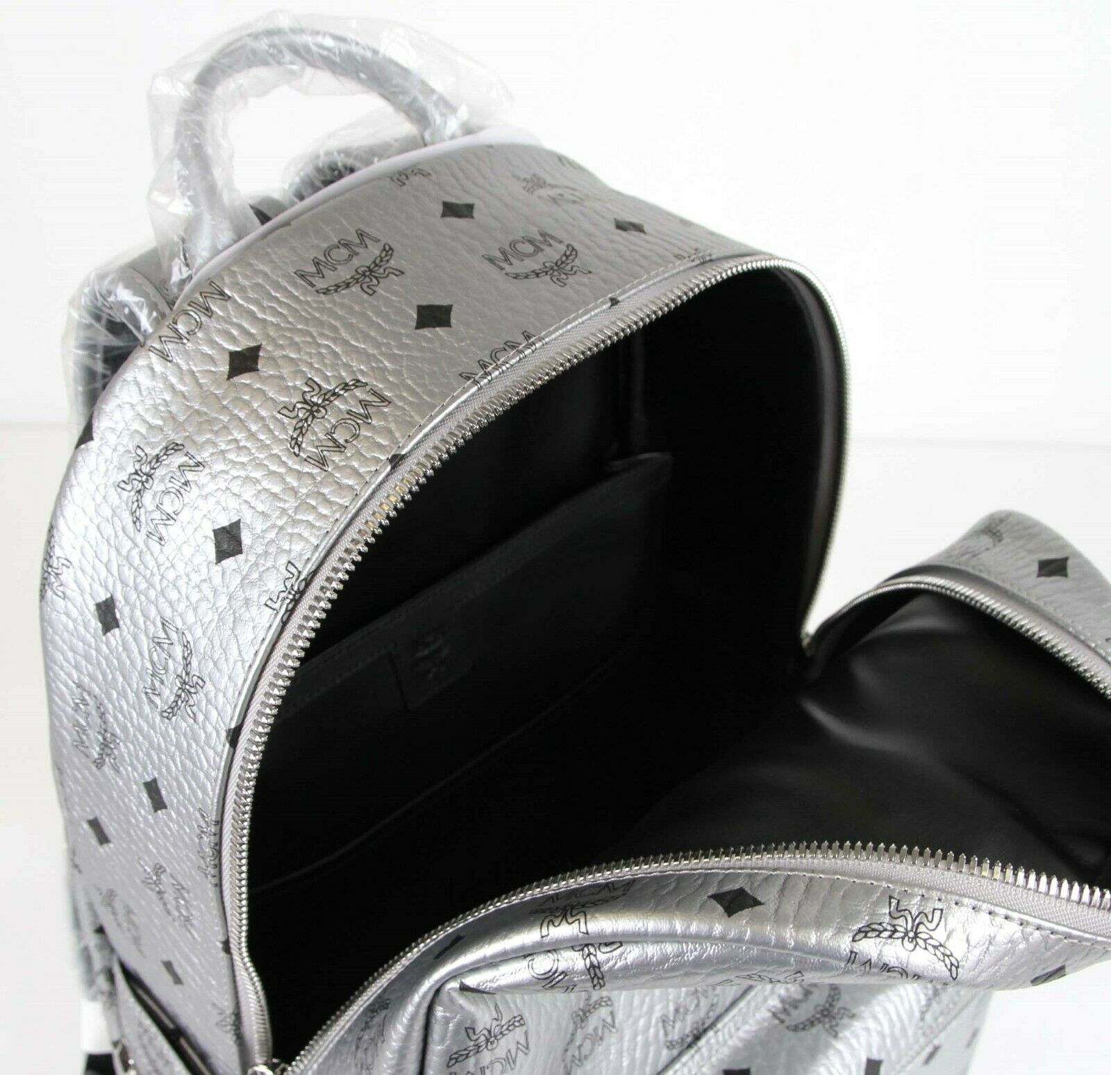 MCM Medium 40 Silver Coated Canvas Studded Backpack