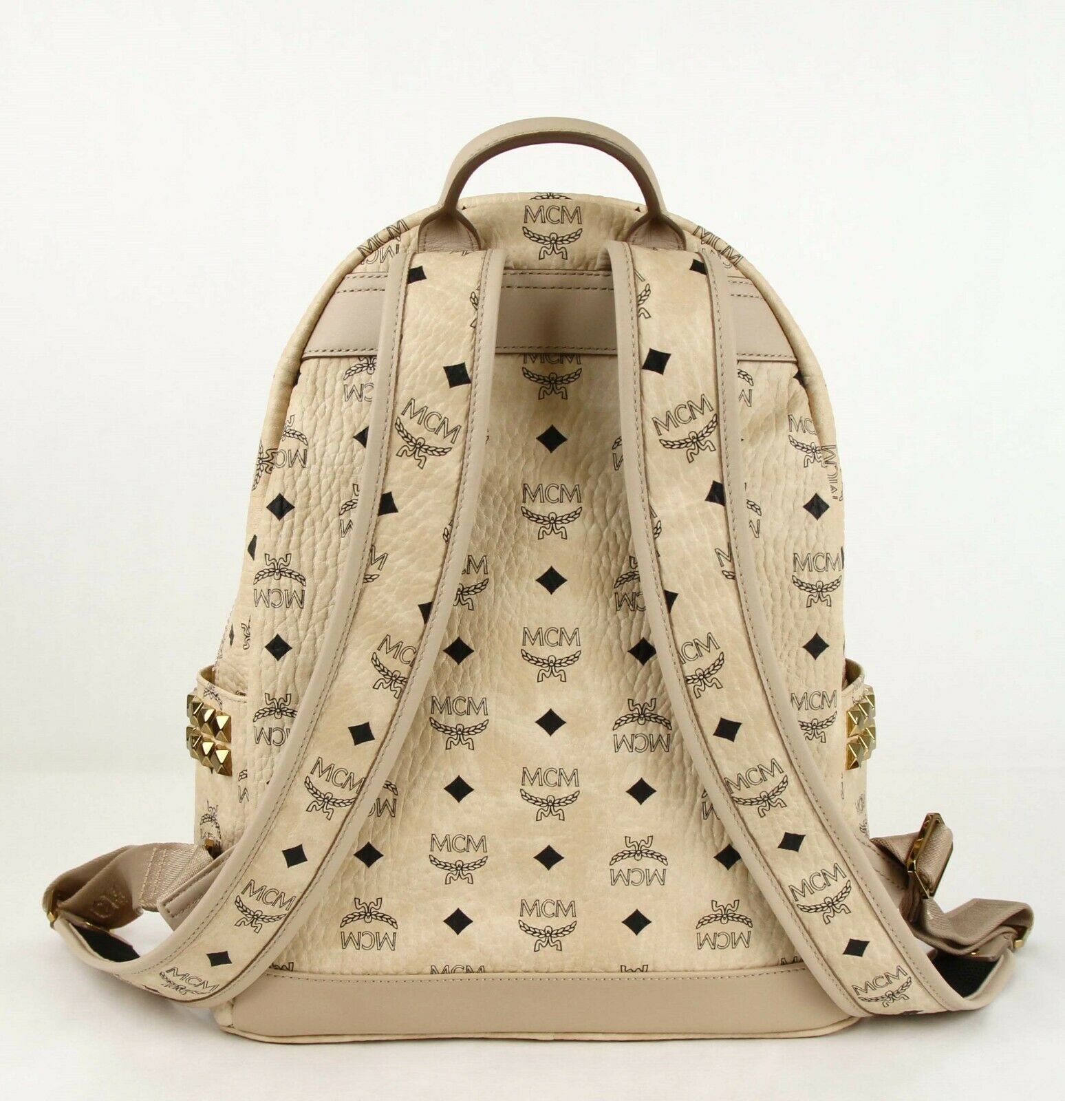 MCM Beige Coated Canvas Medium Studded Backpack