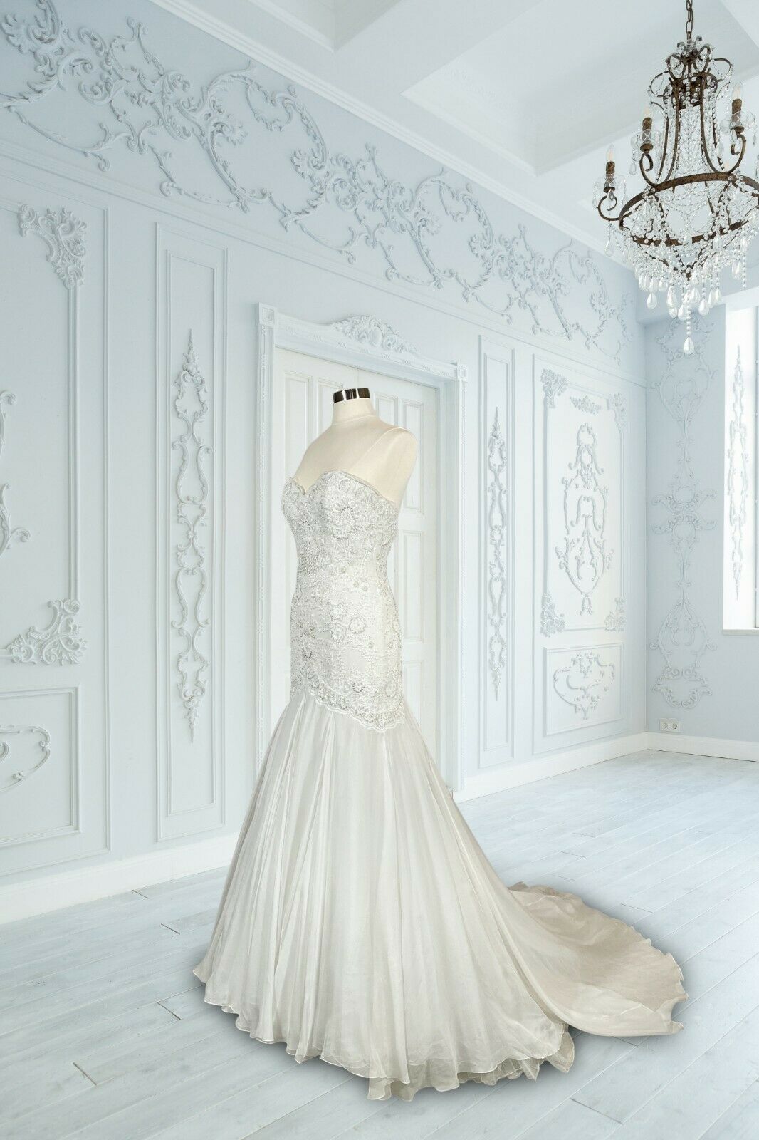 Watters Bridal White Silk Chiffon Minerva Embellished Mermaid Gown $4610