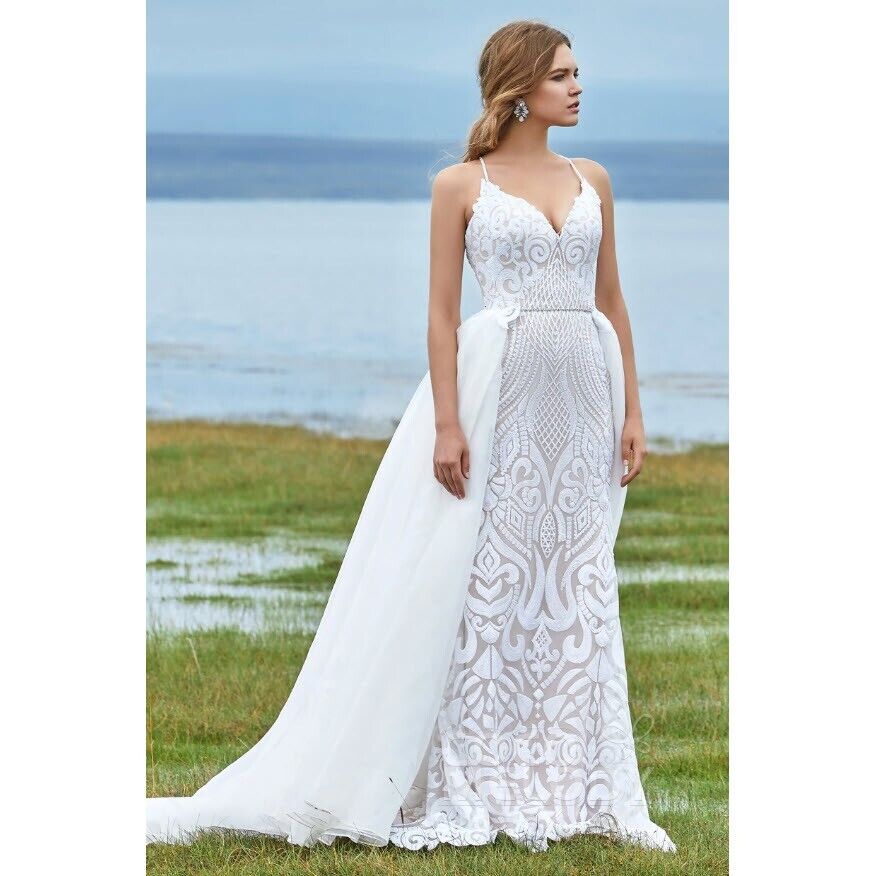 NEW Cocomelody Linda Mermaid Court Train Sequined Lace Wedding Dress Sz 14