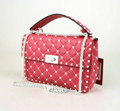 Valentino Rockstud Pink White Quilted Leather Chain Handbag