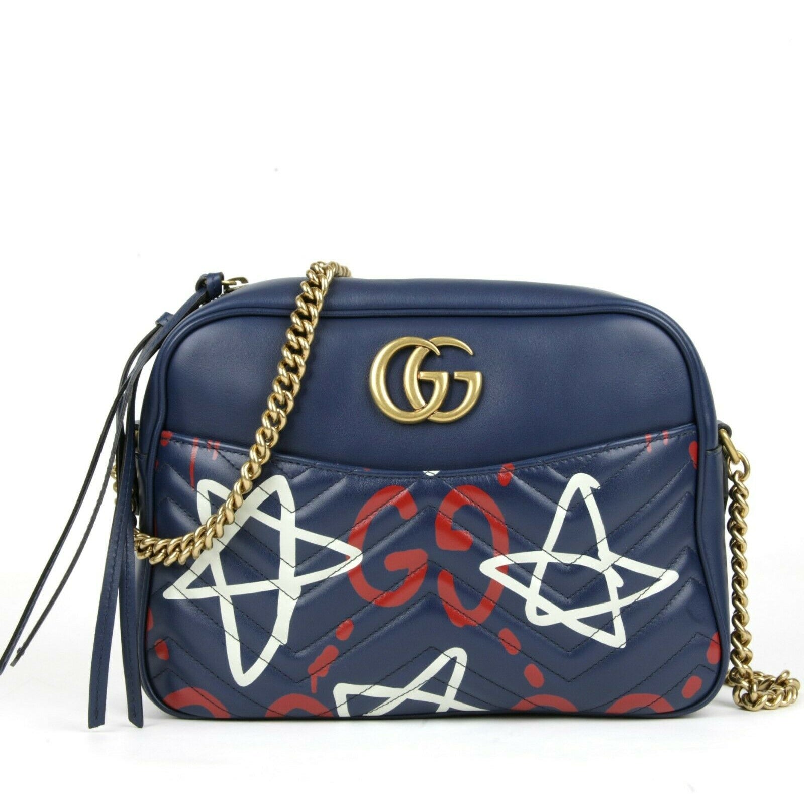 GUCCI Calfskin Gucci Ghost Print Medium GG Marmont Shoulder Bag Blue