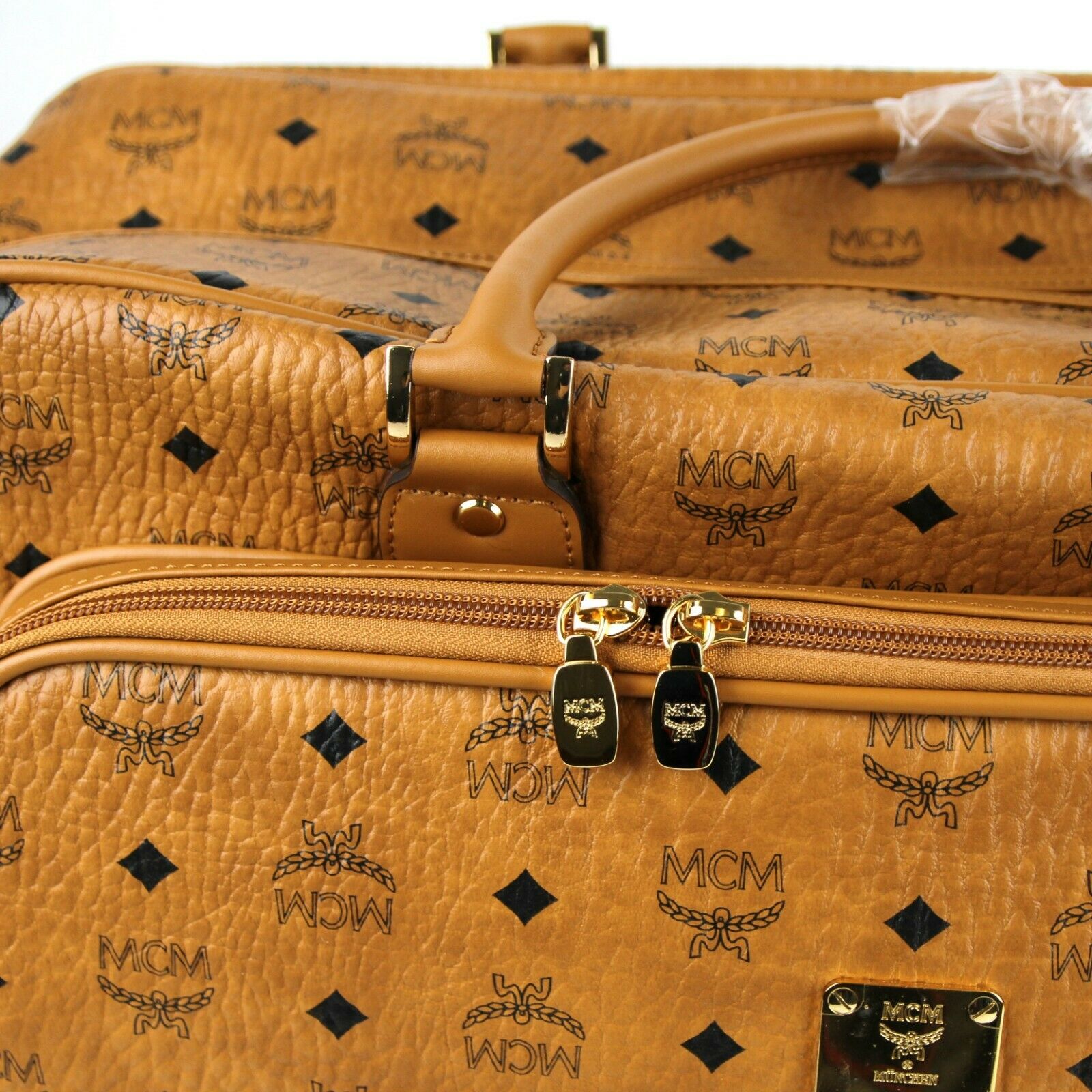 MCM Cognac Brown Visetos Coated Canvas Boston Duffel Bag