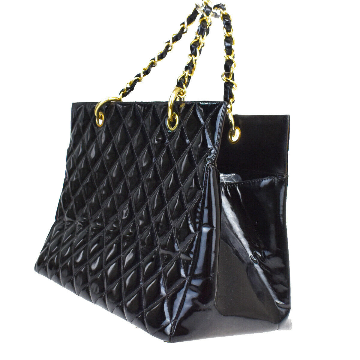 CHANEL CC GST Quilted Chain Hand Bag Patent Leather Black Vintage