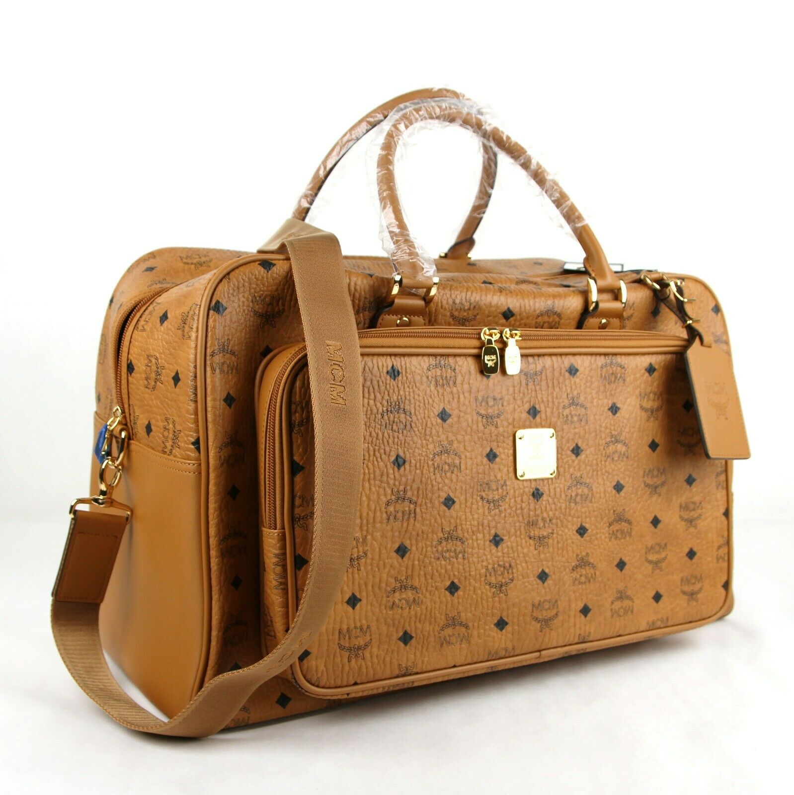 MCM Cognac Brown Visetos Coated Canvas Boston Duffel Bag