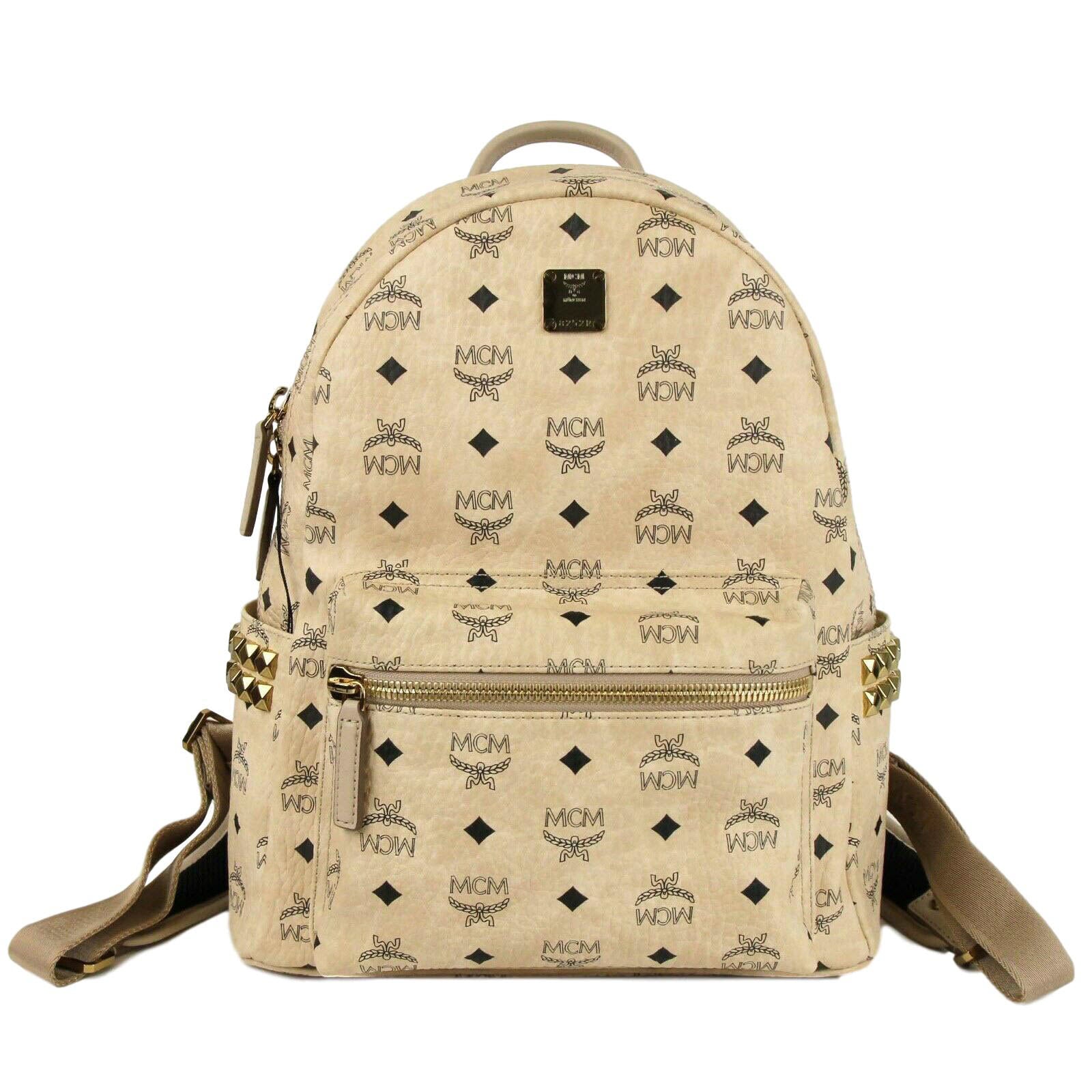 MCM Beige Coated Canvas Medium Studded Backpack