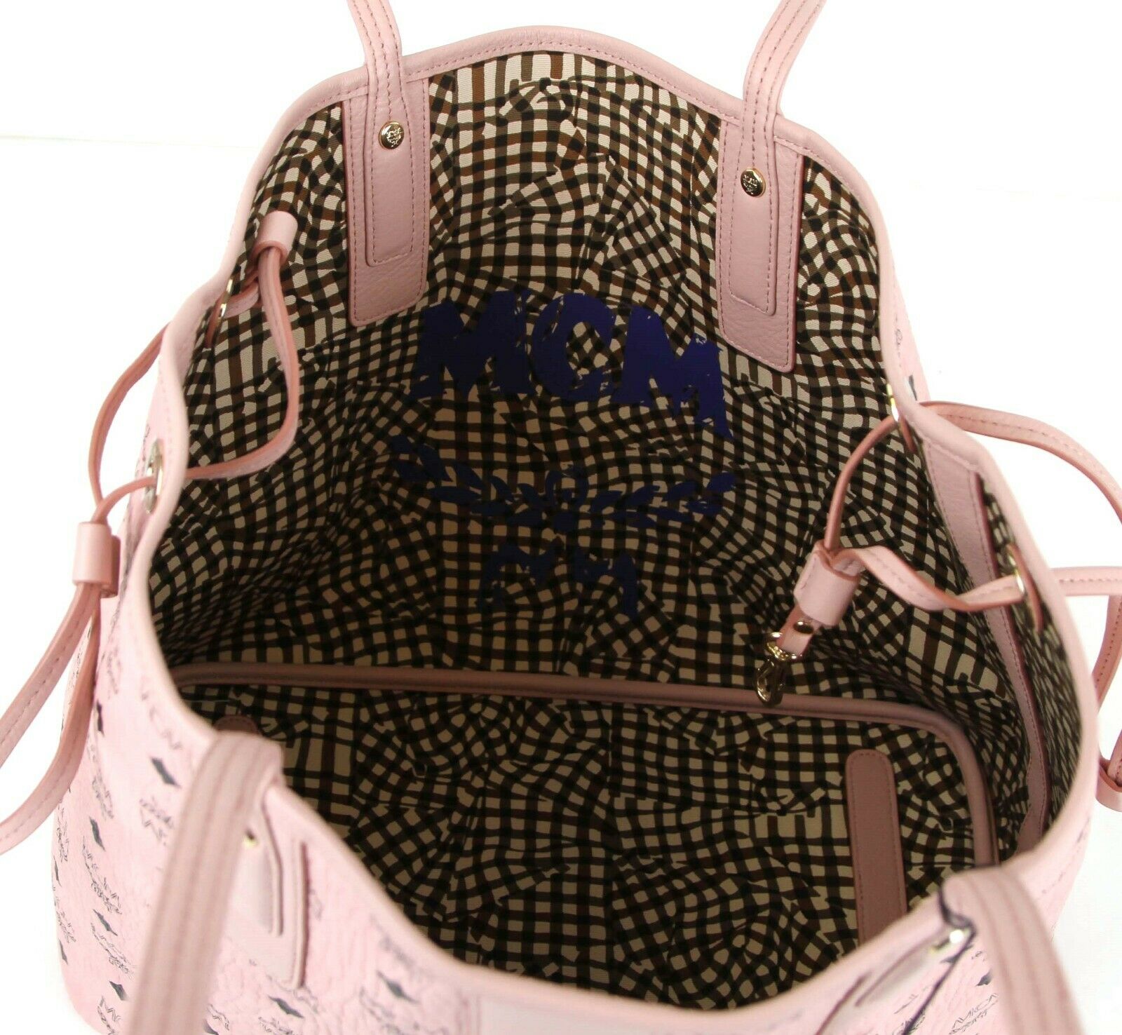 MCM Medium Liz Soft Pink Reversible Diamond Visetos Tote with Pouch