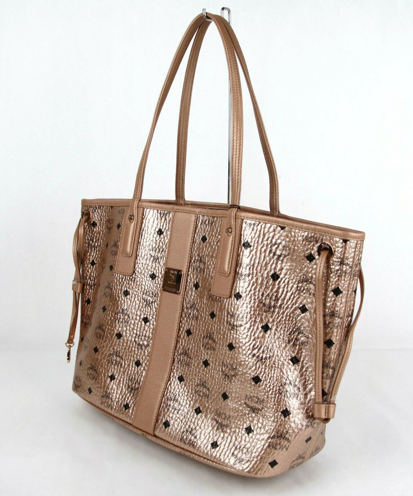 MCM Medium Liz Reversible Diamond Visetos Metallic Champagne Gold Tote with Pouch