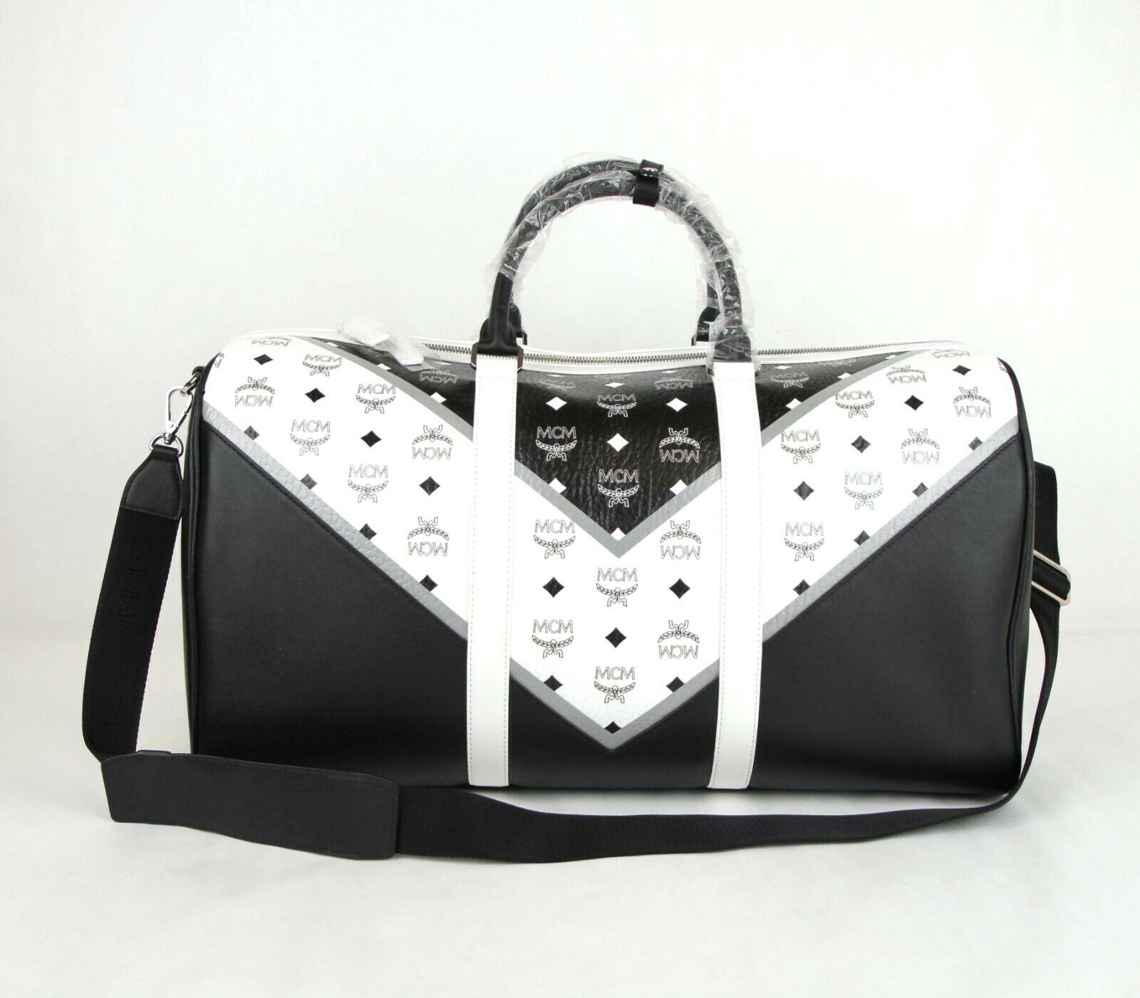MCM M Move Black/White Coated Canvas Leather Travel Bag
