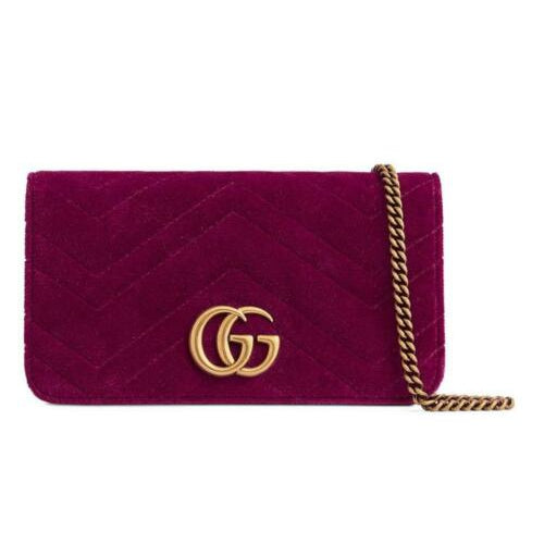 Gucci Chain Wallet Marmont Mini Macro Fuschia Pink Velvet Cross Body Bag