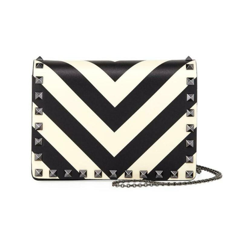 Valentino Garavani Rockstud V-stripe Pouch Chain Black Leather Cross Body Bag