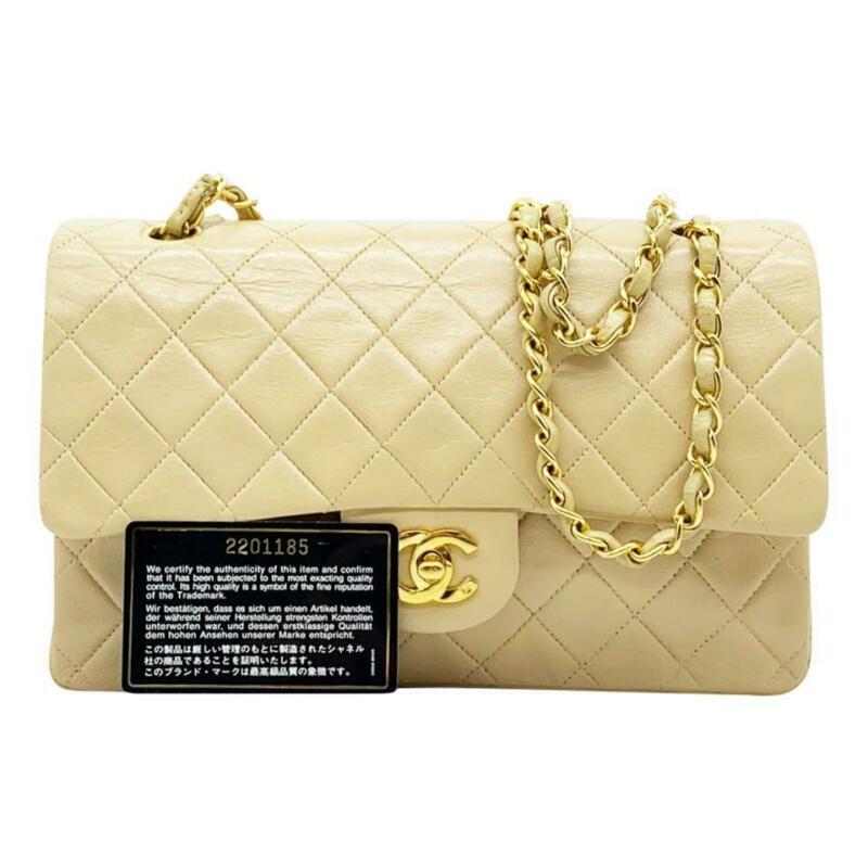 Chanel Double Flap Chain Vintage Medium Beige Lambskin Leather Shoulder Bag