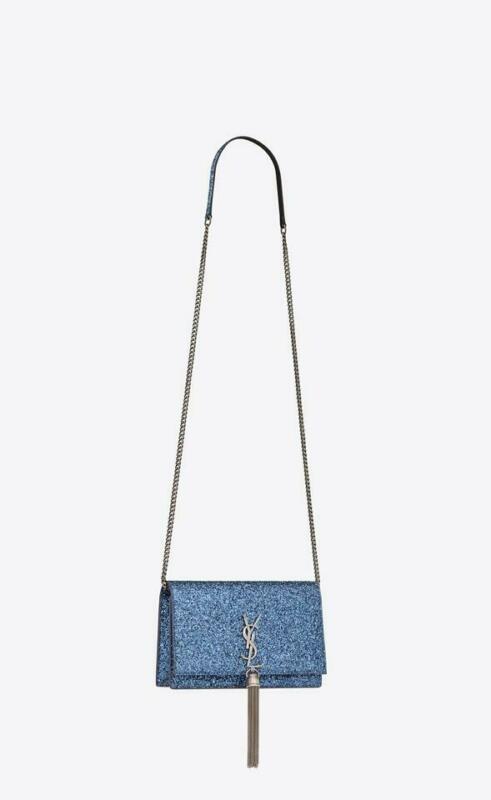 Saint Laurent Monogram Kate Chain Wallet New Chain Glitter Tassel Blue Leather