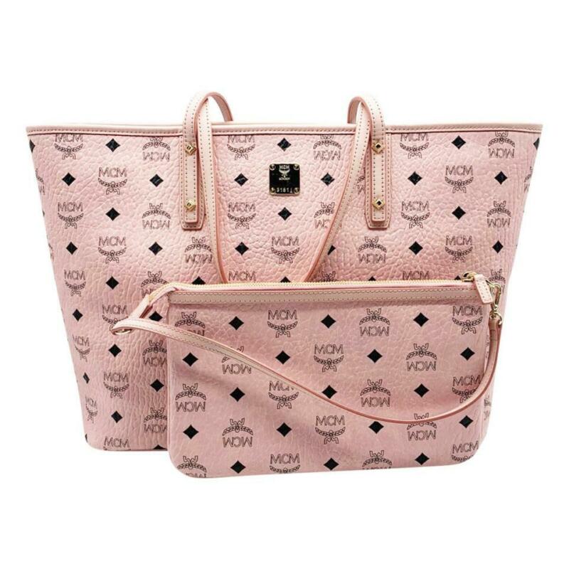 MCM Medium Anya Diamond Visetos Shopper Pale Light Pink Coated Canvas Tote