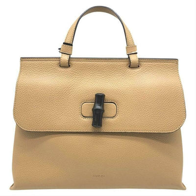 Gucci Medium Camelia Bamboo Daily Top Handle Beige Brown Leather Shoulder Bag