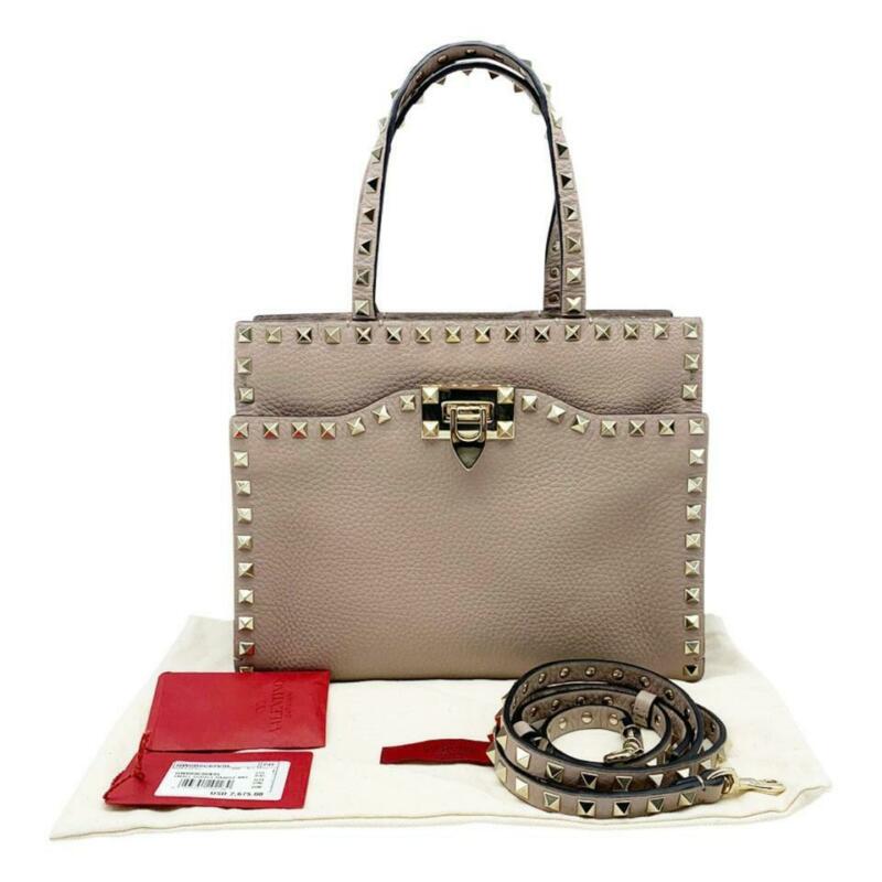 Valentino Small Rockstud Satchel Pink Beige Leather Tote
