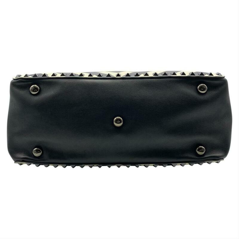 Valentino Rockstud Chevron Stripe Medium Black Leather Tote