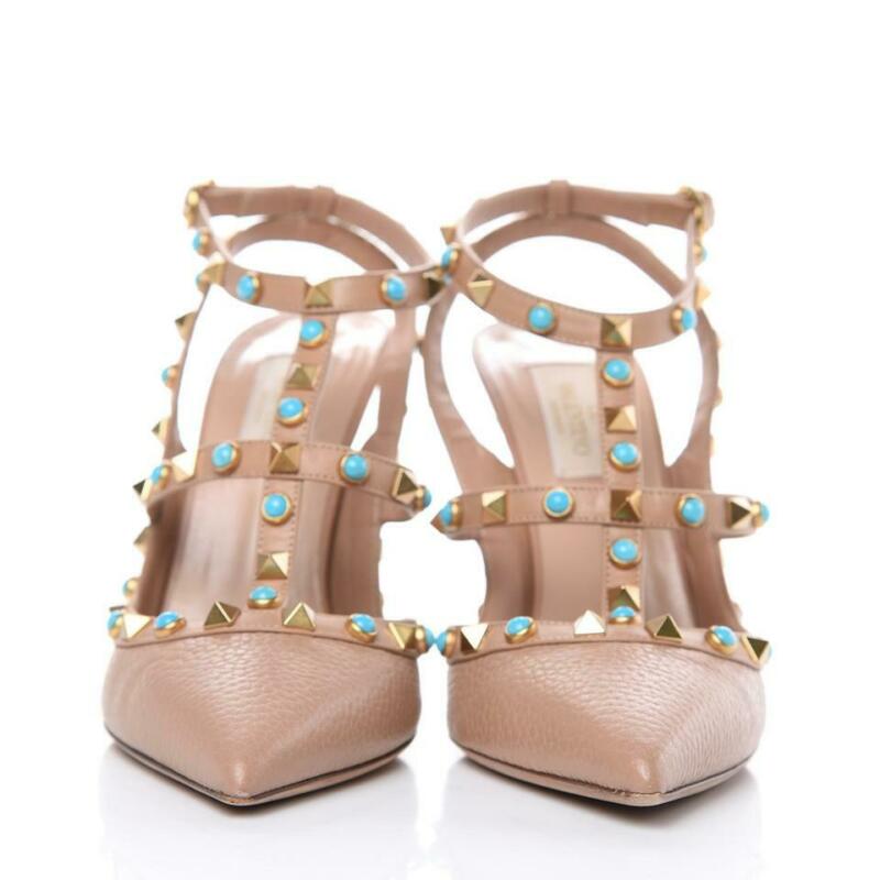 Valentino Beige Pebbled Calfskin Rockstud Rolling Ankle Strap Poudre Pumps