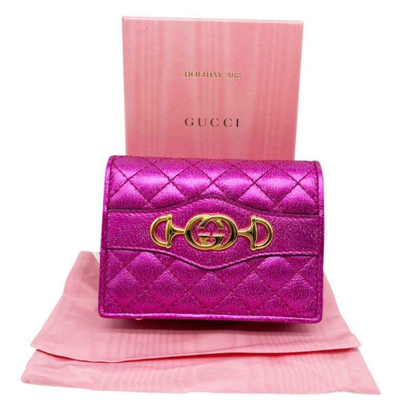 Gucci Pink Horsebit Marmont Trapuntata Flap Card Case Logo Icon Quilted Metallic
