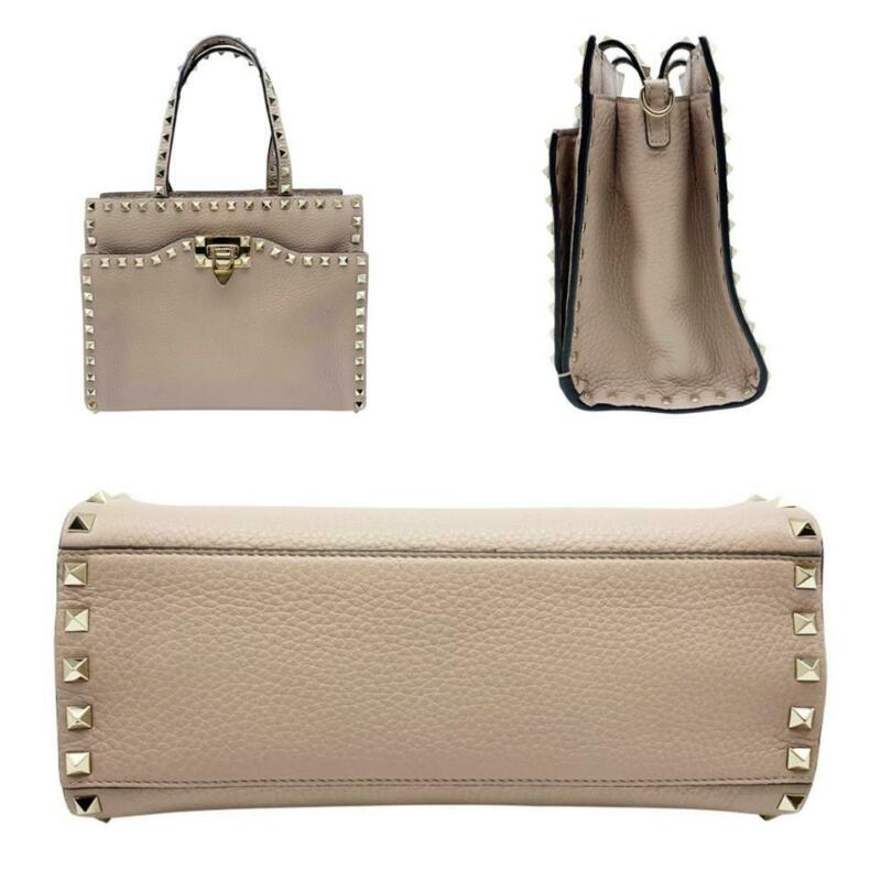 Valentino Small Rockstud Satchel Pink Beige Leather Tote