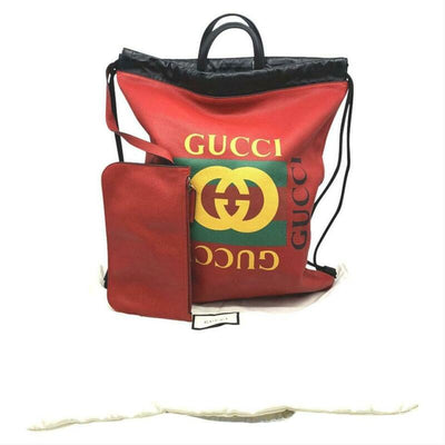 Gucci Drawstring Printed Red Leather Backpack