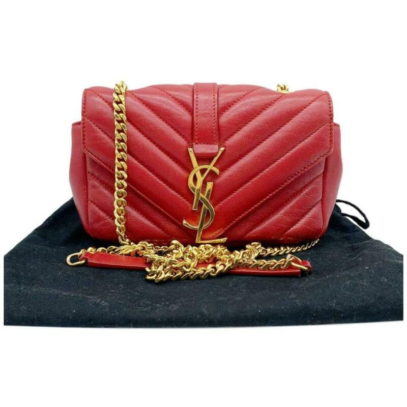 Saint Laurent Monogram Collège Chain Wallet Sheepskin Matelasse New Red Leather