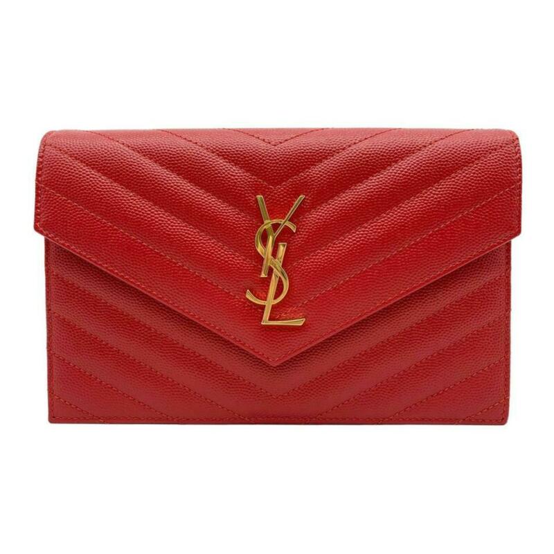 Saint Laurent Monogram Envelope Chain Wallet Matelasse Chevron New Red Leather