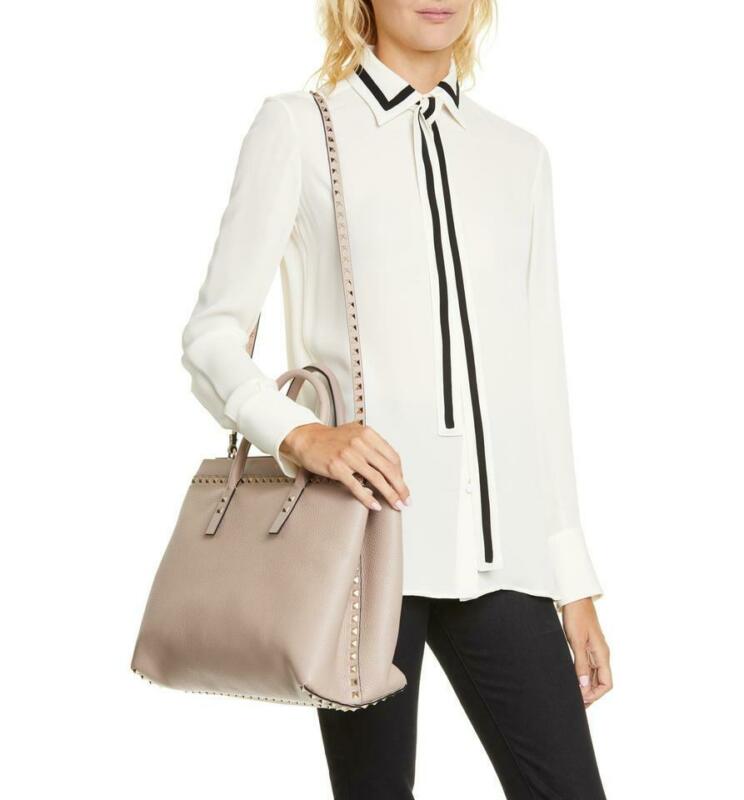 Valentino Medium Rockstud Double Handle Satchel Beige Leather Tote