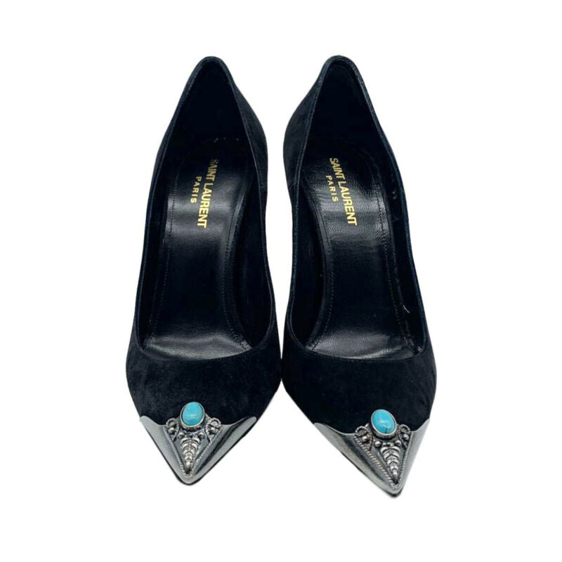 Saint Laurent YSL Black Zoe Embellished Pointy Toe Pumps Size 39 Suede