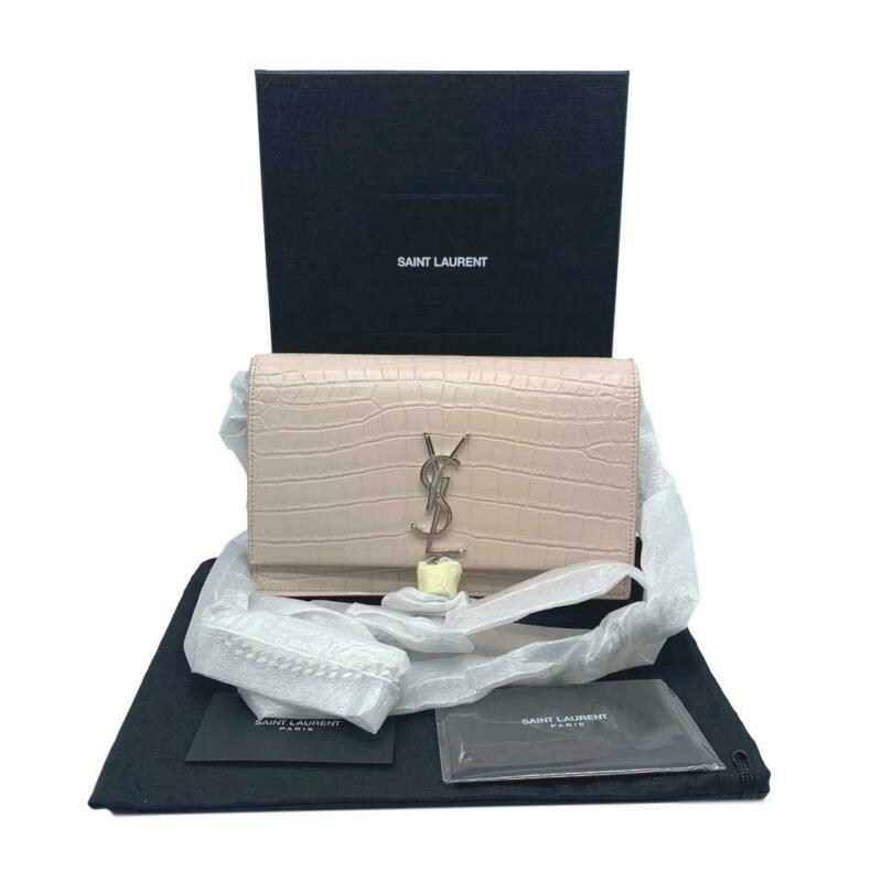 Saint Laurent Monogram Kate Chain Wallet Monogram Tassel Croc Pink Crocodile
