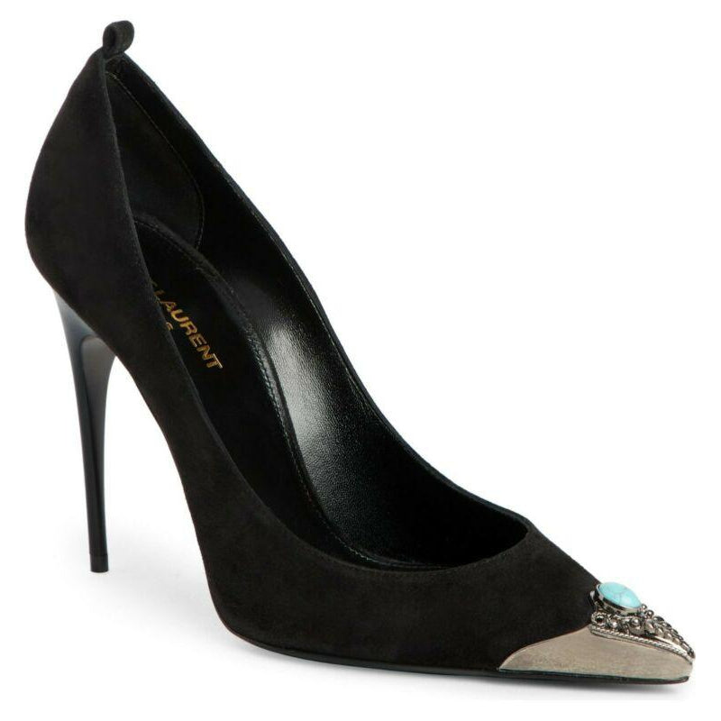 Saint Laurent YSL Black Zoe Embellished Pointy Toe Pumps Size 39 Suede