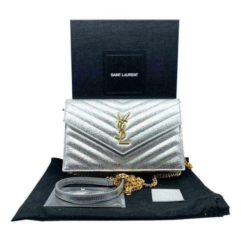 Saint Laurent Chain Wallet Small Envelop Metallic Monogram Silver Leather Cross