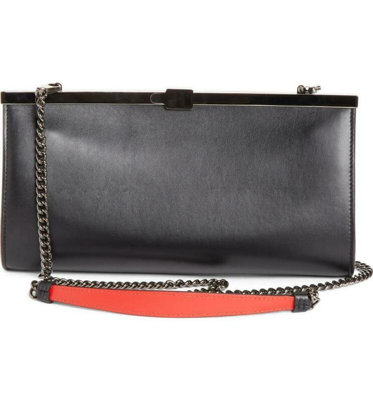 Christian Louboutin Clutch Palmette Calfskin Frame Chain Black Leather Shoulder