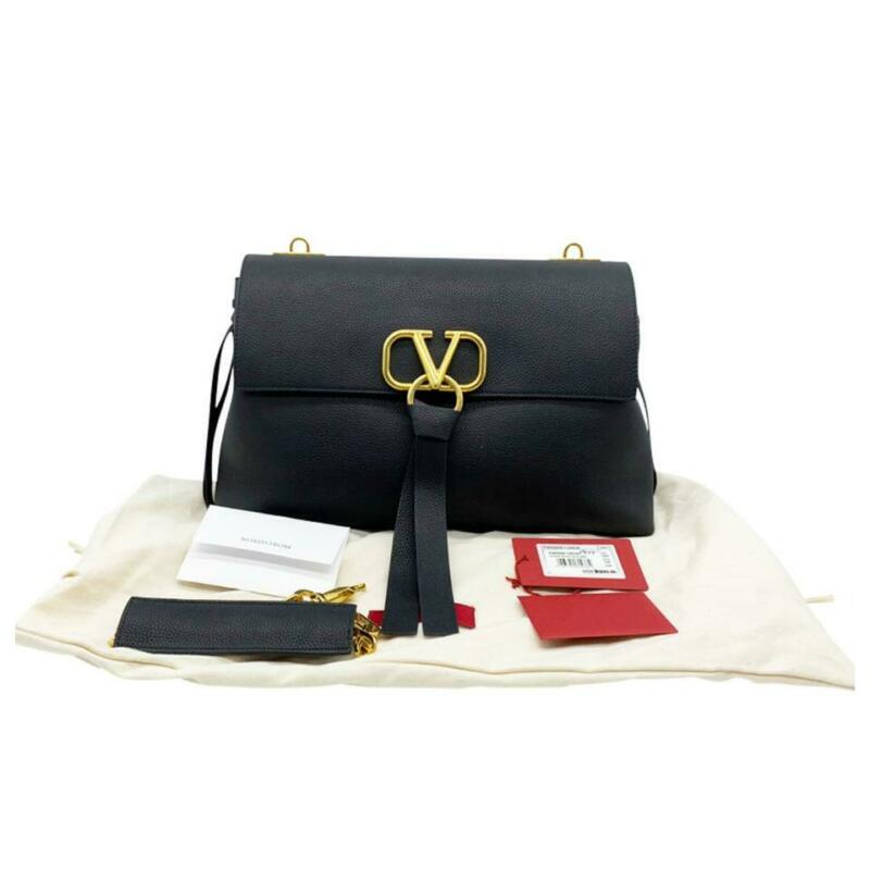 Valentino Medium Vee Ring Black Grained Leather Shoulder Bag