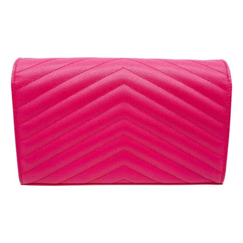 Saint Laurent Chain Wallet Grain De Poudre Matelasse Chevron Monogram Pink