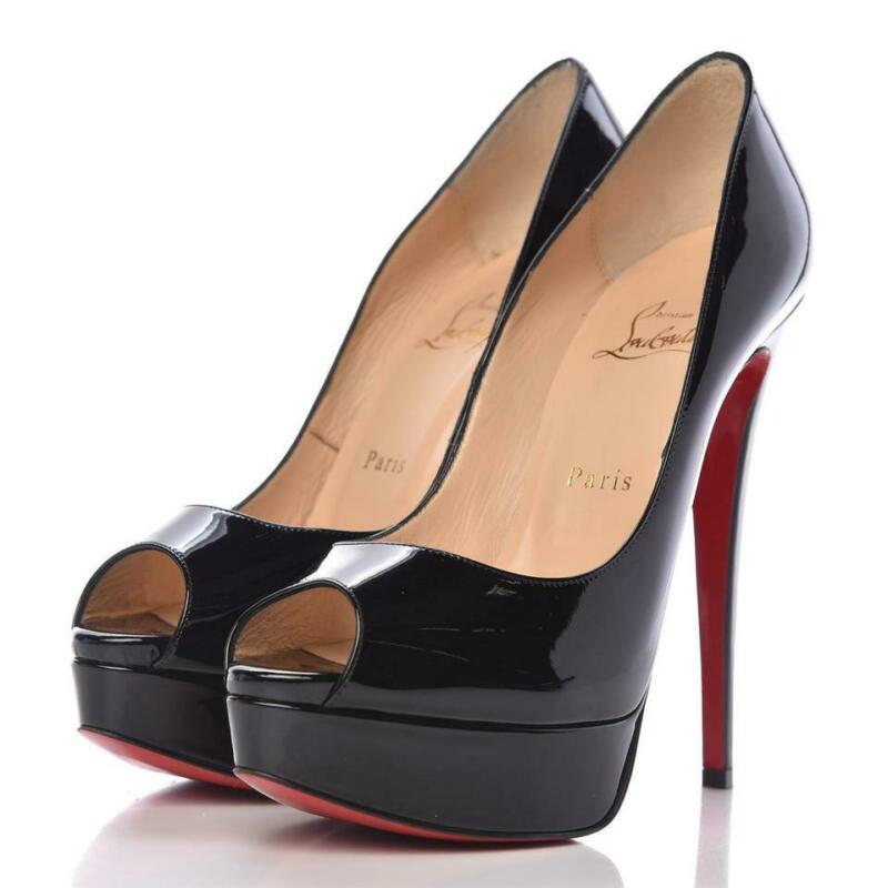 Christian Louboutin Black Patent Calfskin Lady 150 Peep Toe Platform Pumps