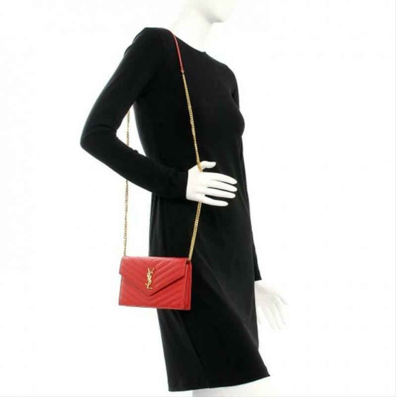 Saint Laurent Monogram Envelope Chain Wallet Matelasse Chevron New Red Leather