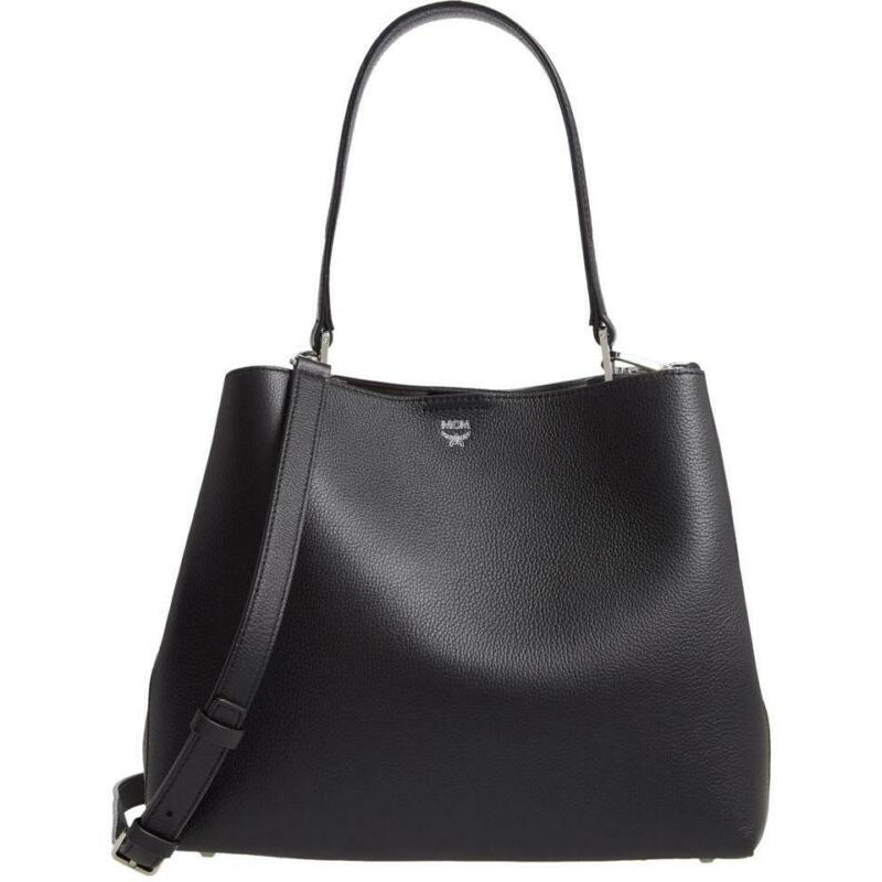 MCM Hobo Sarah Visetos Canvas Black Leather Shoulder Bag